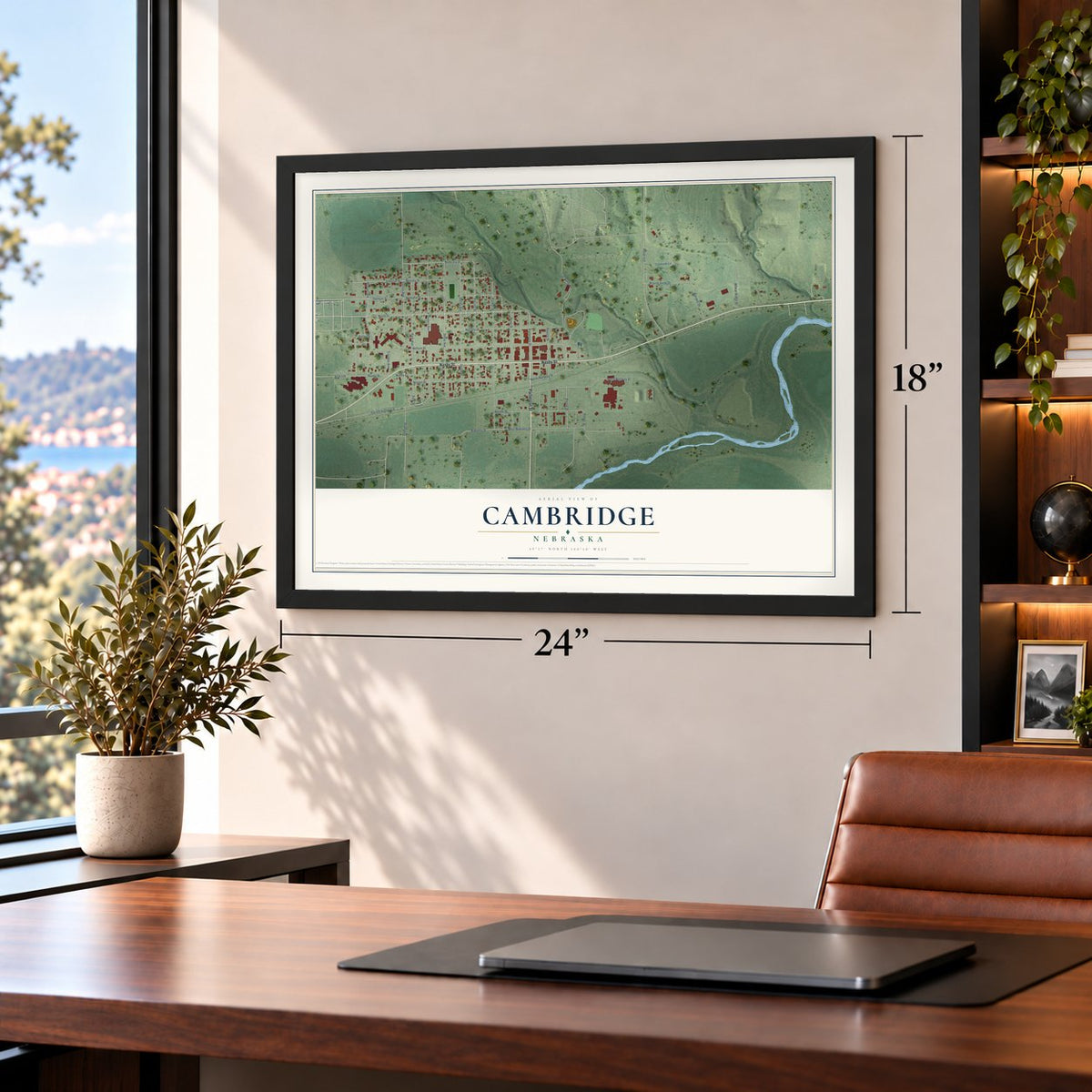 Cambridge, Nebraska map, 18 x 24 inch print in a black frame in a home office