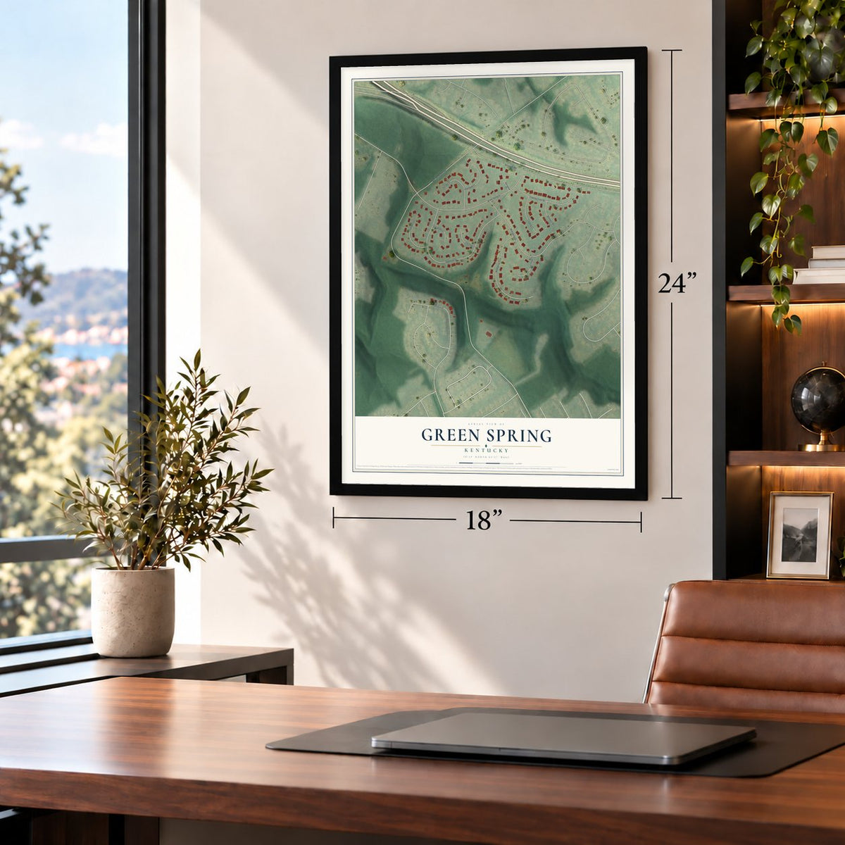Green Spring, Kentucky map, 18 x 24 inch print in a black frame in a home office