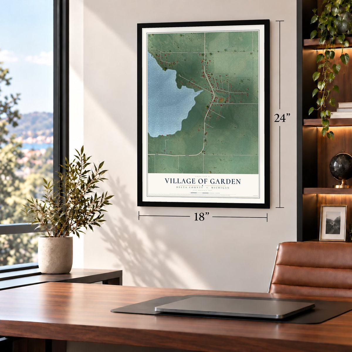 Garden, Michigan map, 18 x 24 inch print in a black frame in a home office
