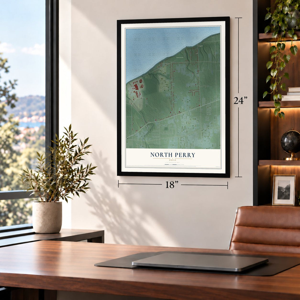 North Perry, Ohio map, 18 x 24 inch print in a black frame in a home office