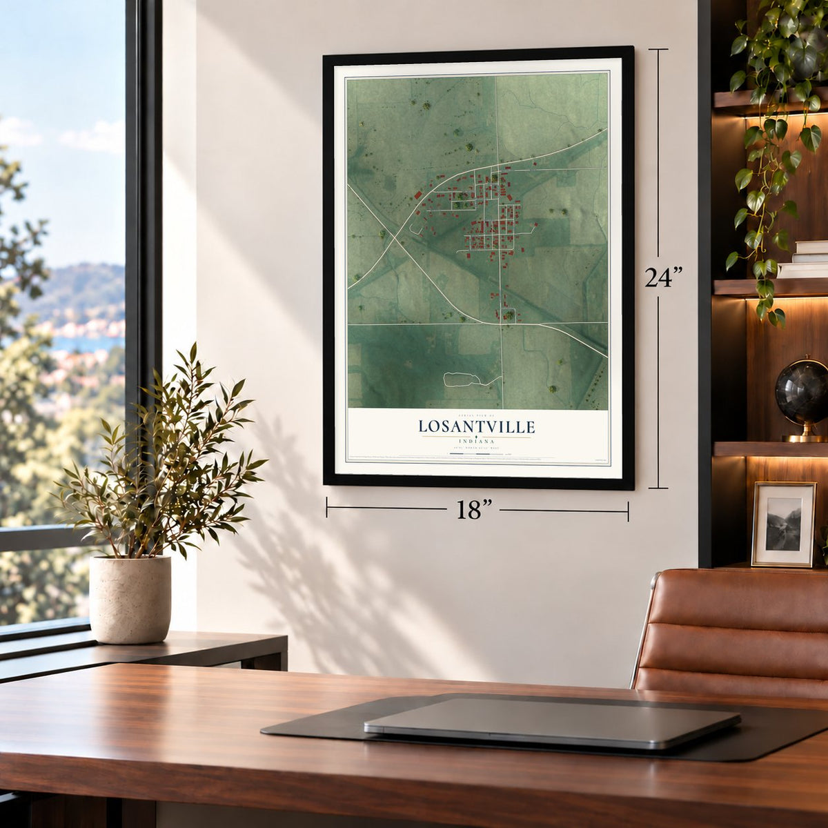 Losantville, Indiana map, 18 x 24 inch print in a black frame in a home office