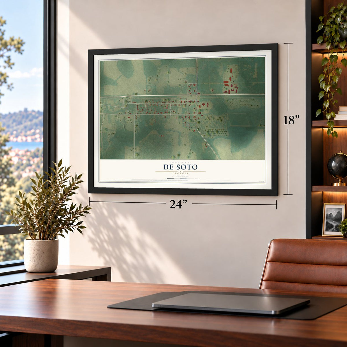 De Soto, Georgia map, 18 x 24 inch print in a black frame in a home office