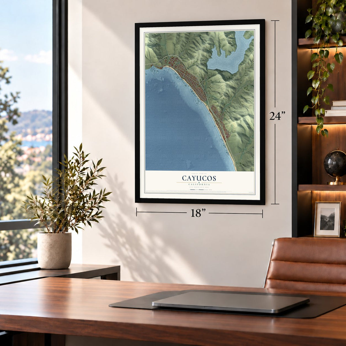Cayucos, California map, 18 x 24 inch print in a black frame in a home office