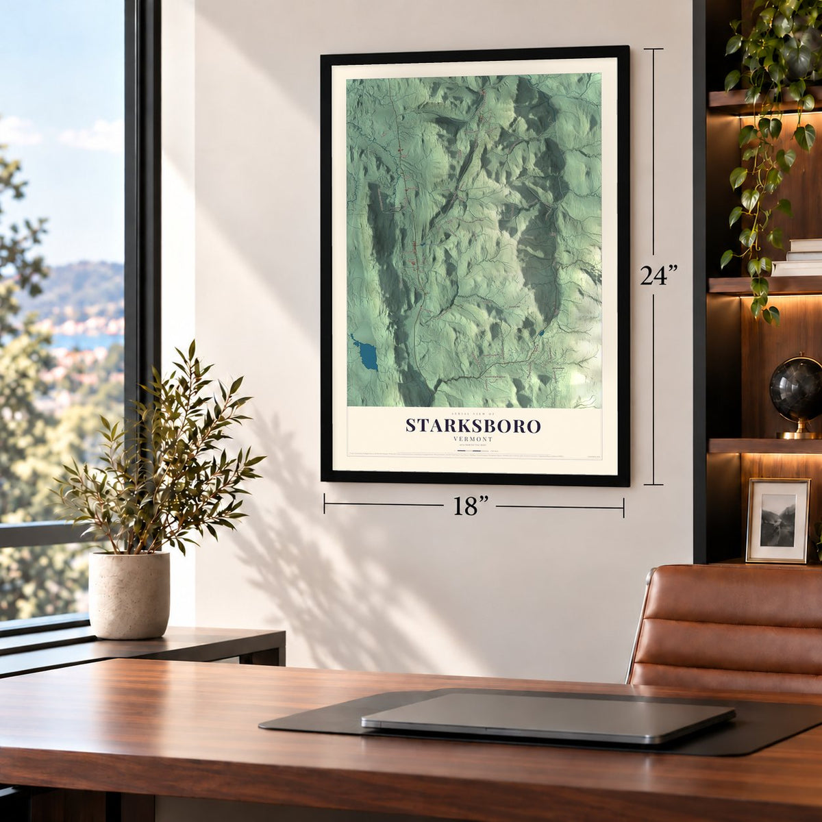 Starksboro, Vermont map, 18 x 24 inch print in a black frame in a home office