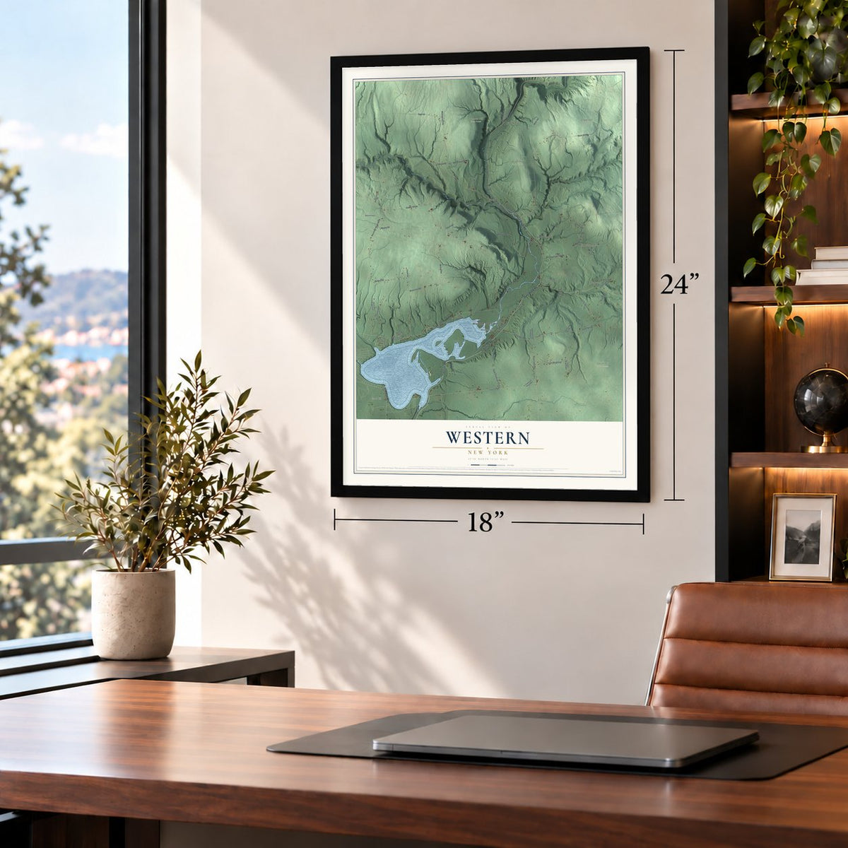 Western, New York map, 18 x 24 inch print in a black frame in a home office