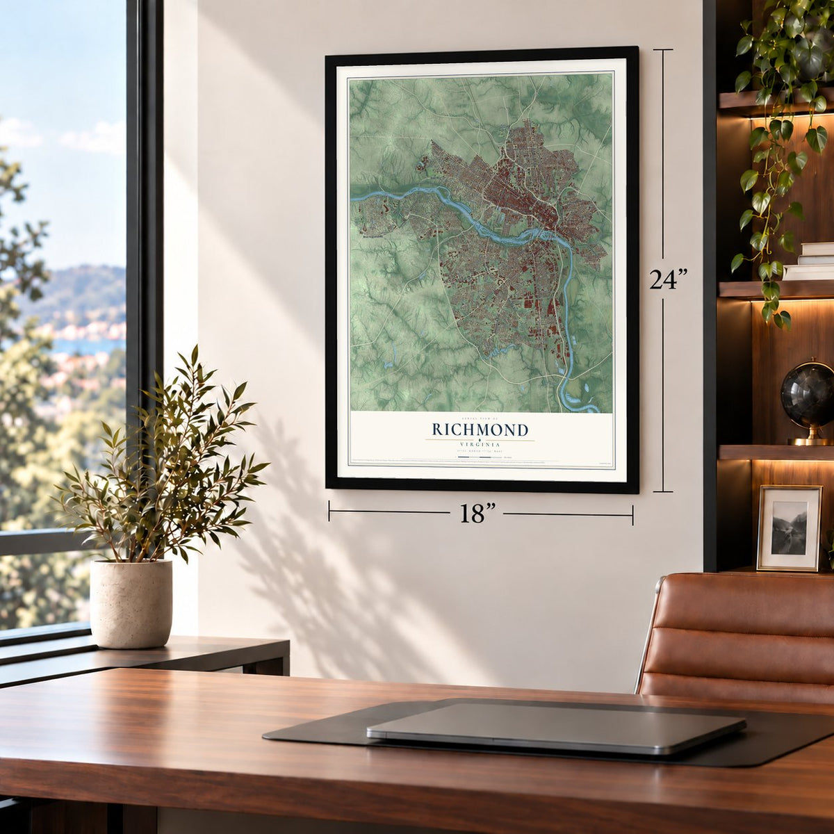 Richmond, Virginia map, 18 x 24 inch print in a black frame in a home office