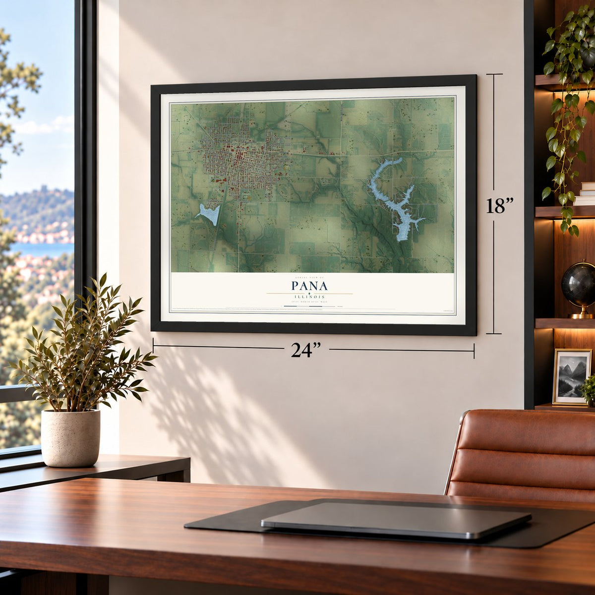 Pana, Illinois map, 18 x 24 inch print in a black frame in a home office
