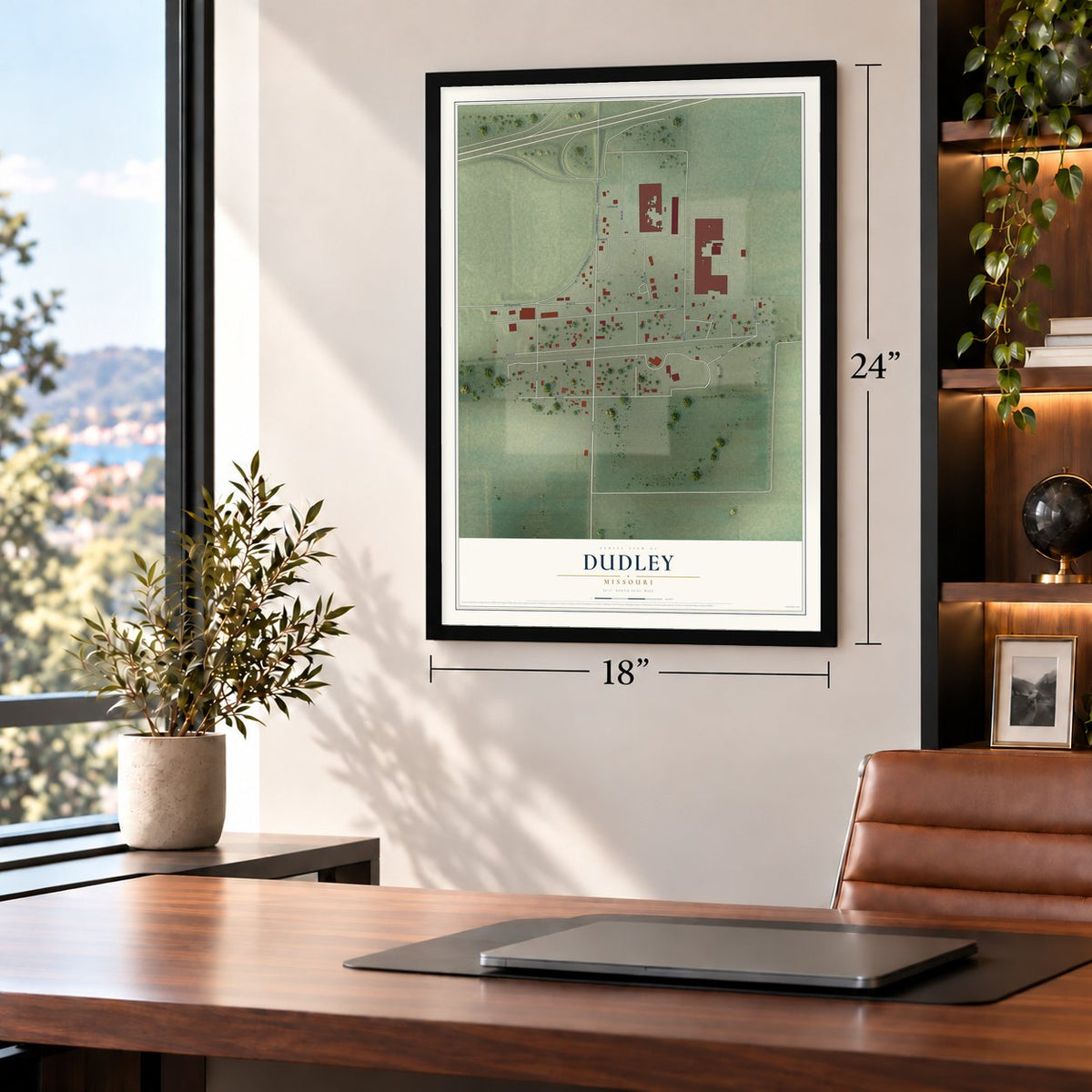 Dudley, Missouri map, 18 x 24 inch print in a black frame in a home office