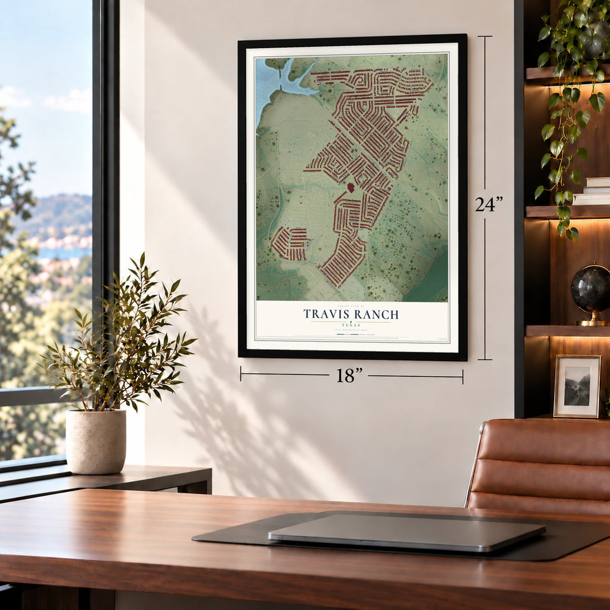 Travis Ranch, Texas map, 18 x 24 inch print in a black frame in a home office