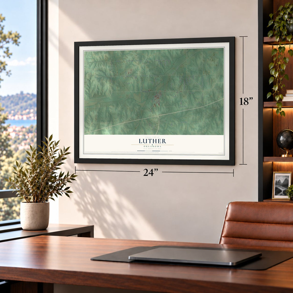 Luther, Oklahoma map, 18 x 24 inch print in a black frame in a home office