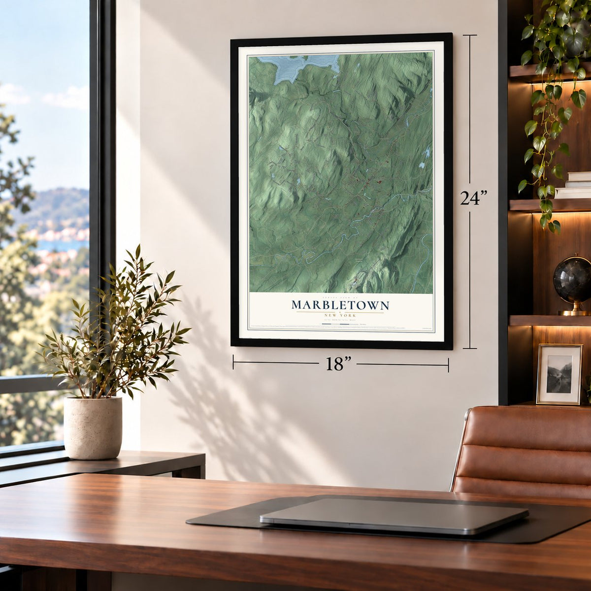 Marbletown, New York map, 18 x 24 inch print in a black frame in a home office