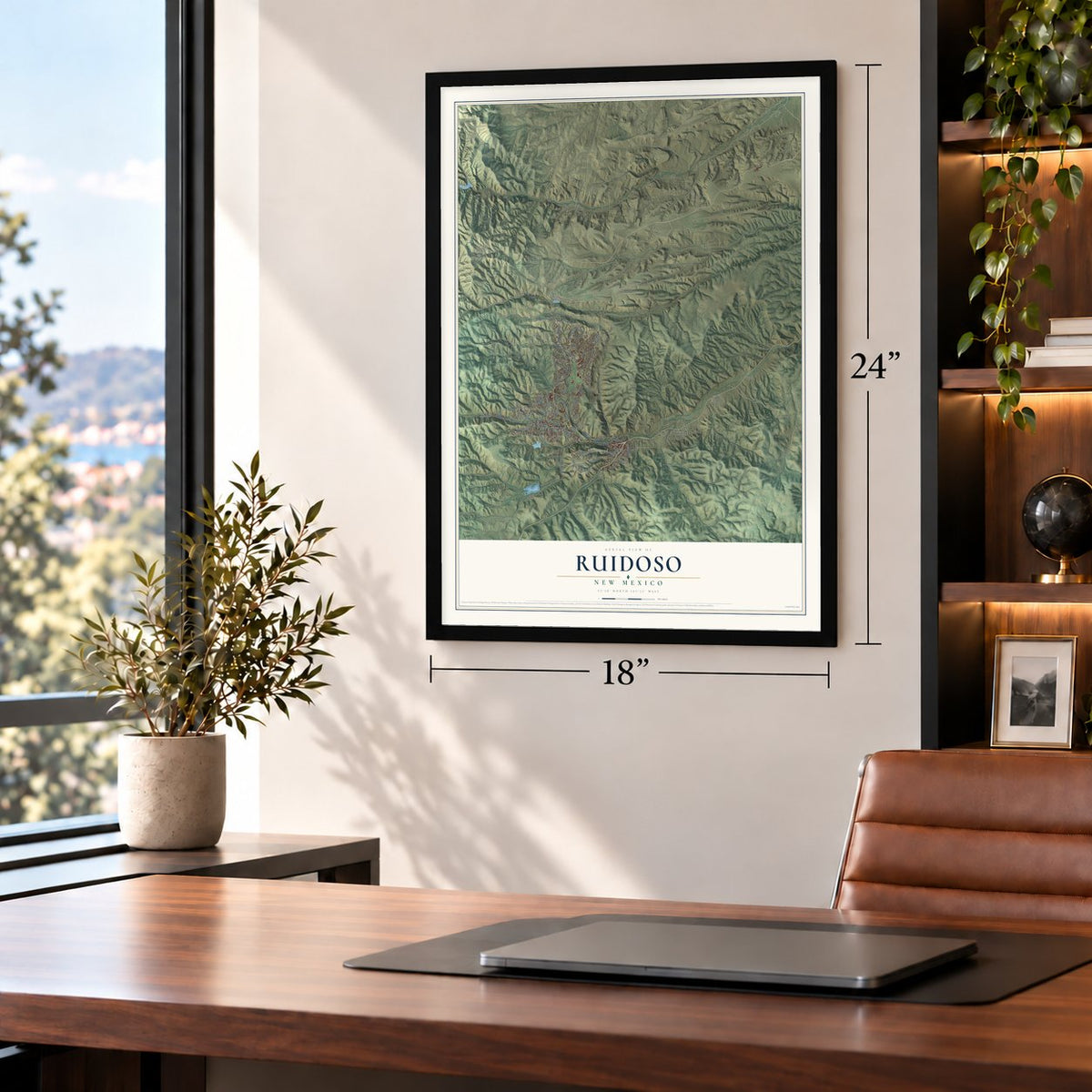 Ruidoso, New Mexico map, 18 x 24 inch print in a black frame in a home office