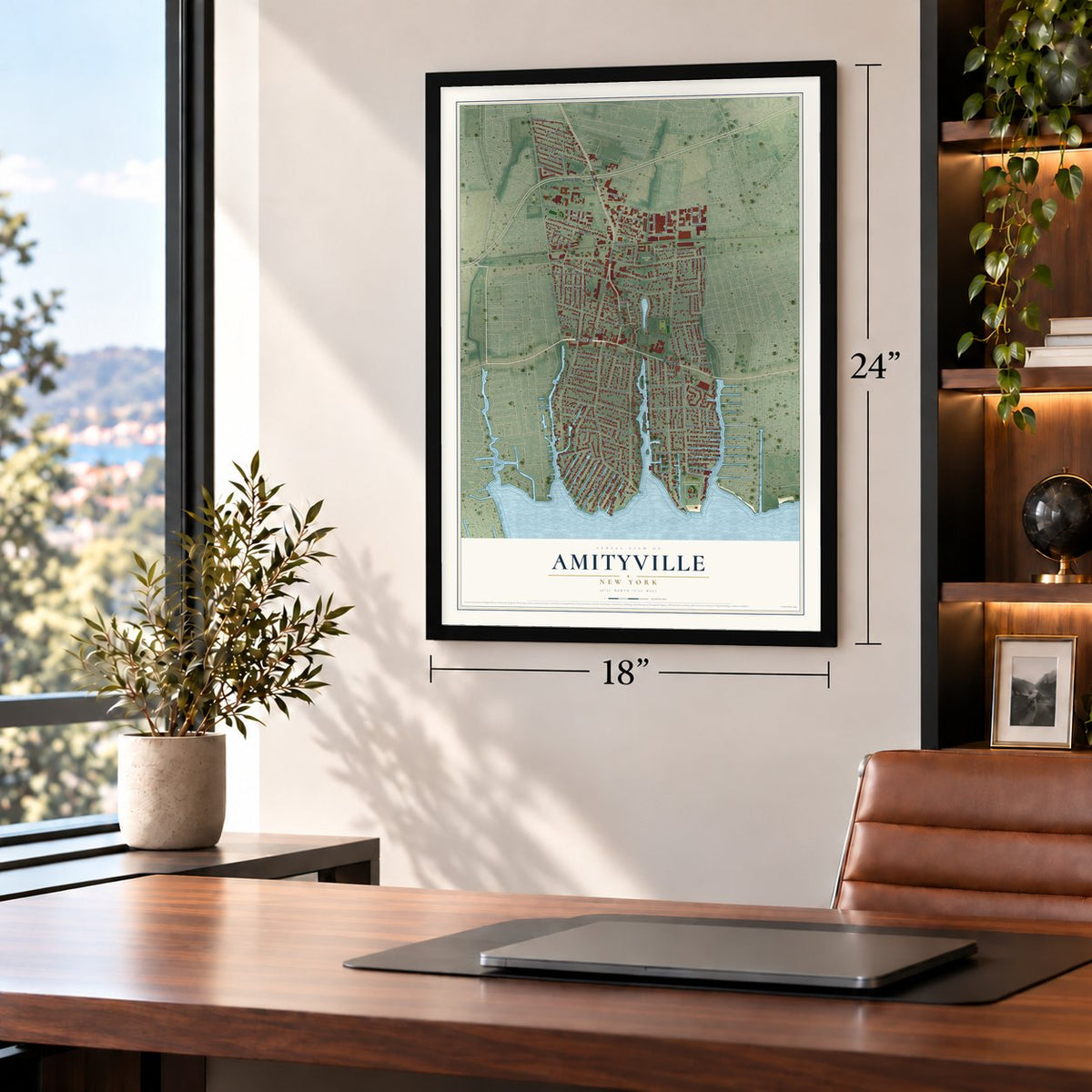 Amityville, New York map, 18 x 24 inch print in a black frame in a home office