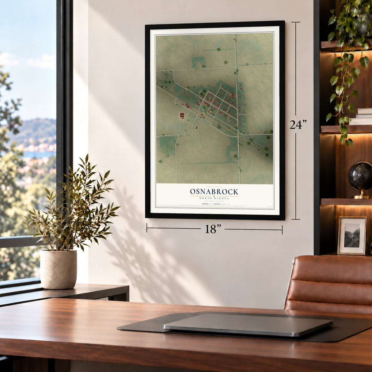 Osnabrock, North Dakota map, 18 x 24 inch print in a black frame in a home office