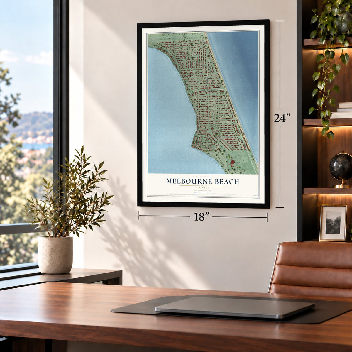 Melbourne Beach, Florida map, 18 x 24 inch print in a black frame in a home office