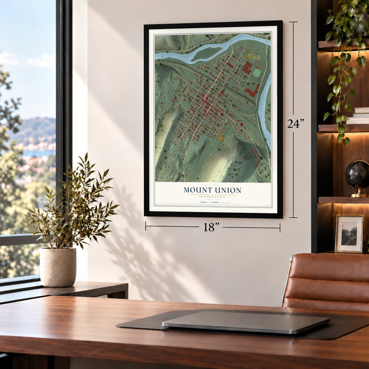 Mount Union, Pennsylvania map, 18 x 24 inch print in a black frame in a home office