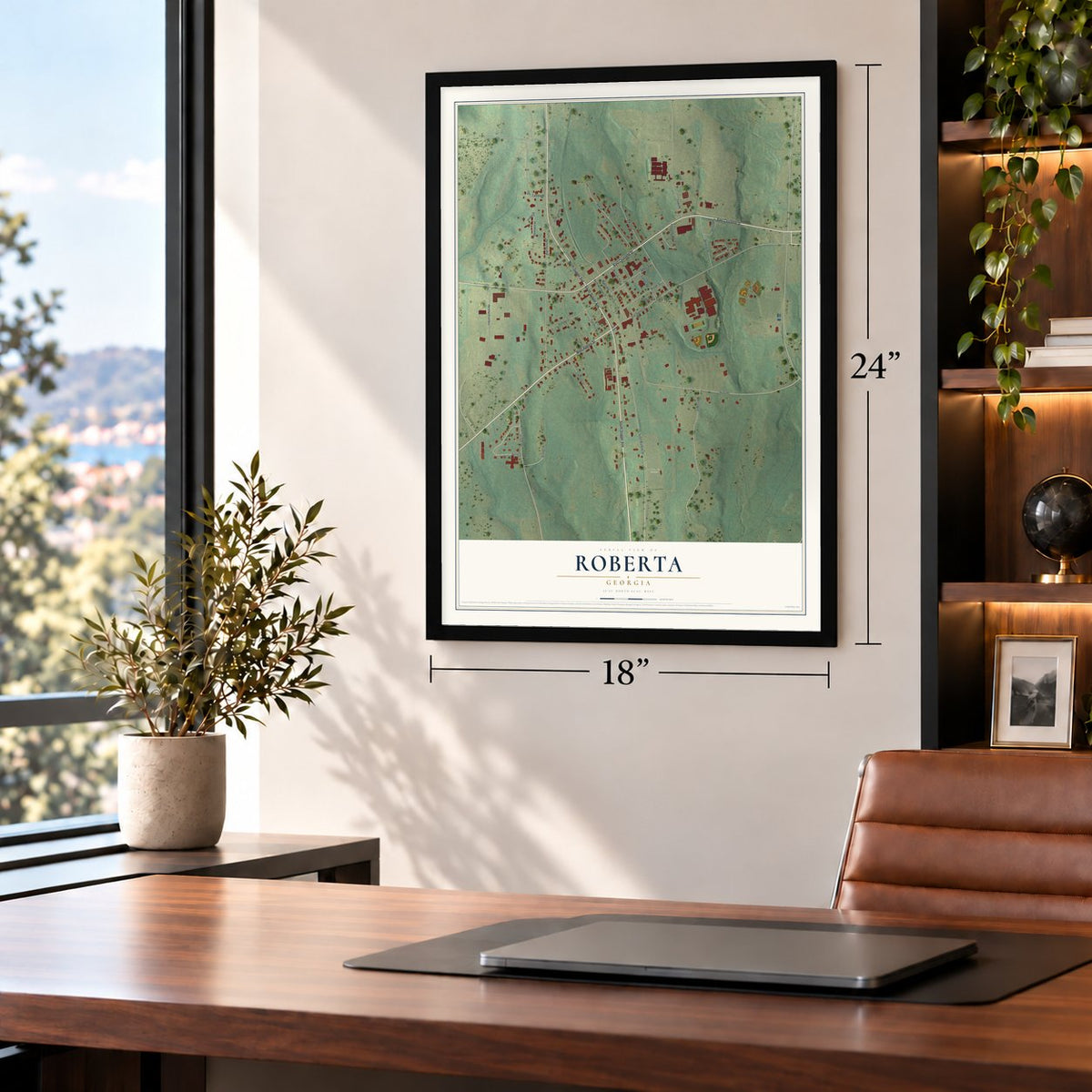 Roberta, Georgia map, 18 x 24 inch print in a black frame in a home office