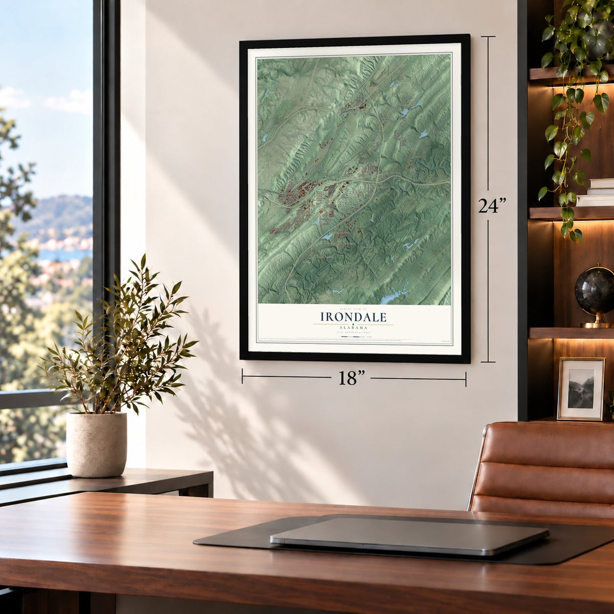 Irondale, Alabama map, 18 x 24 inch print in a black frame in a home office