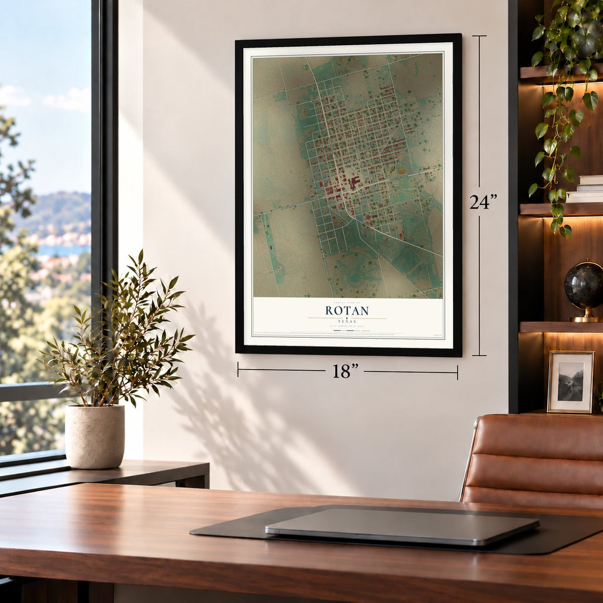 Rotan, Texas map, 18 x 24 inch print in a black frame in a home office