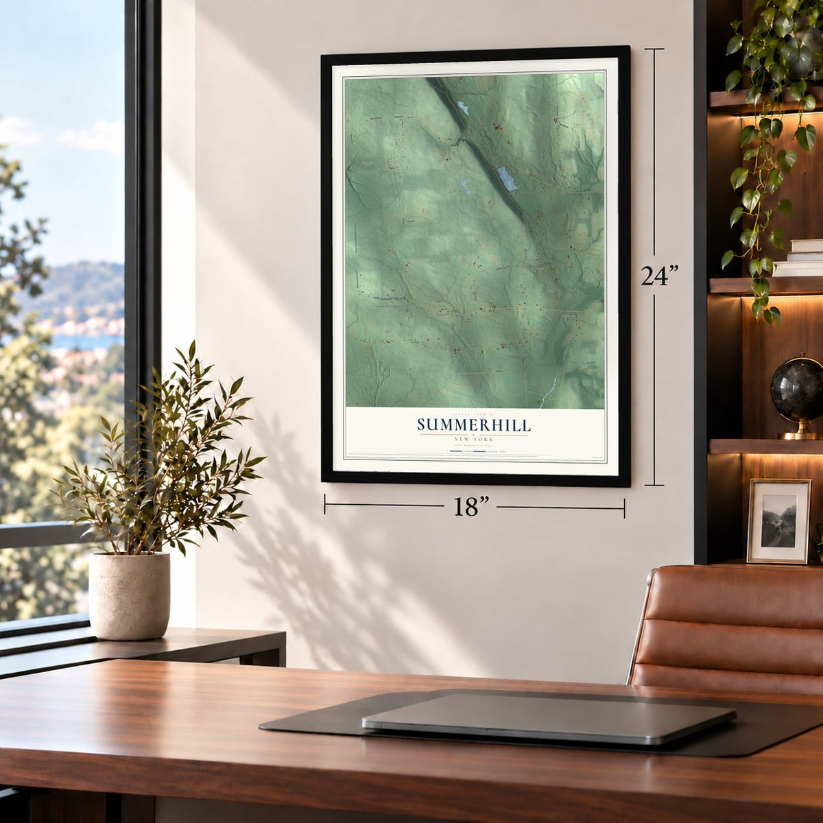 Summerhill, New York map, 18 x 24 inch print in a black frame in a home office