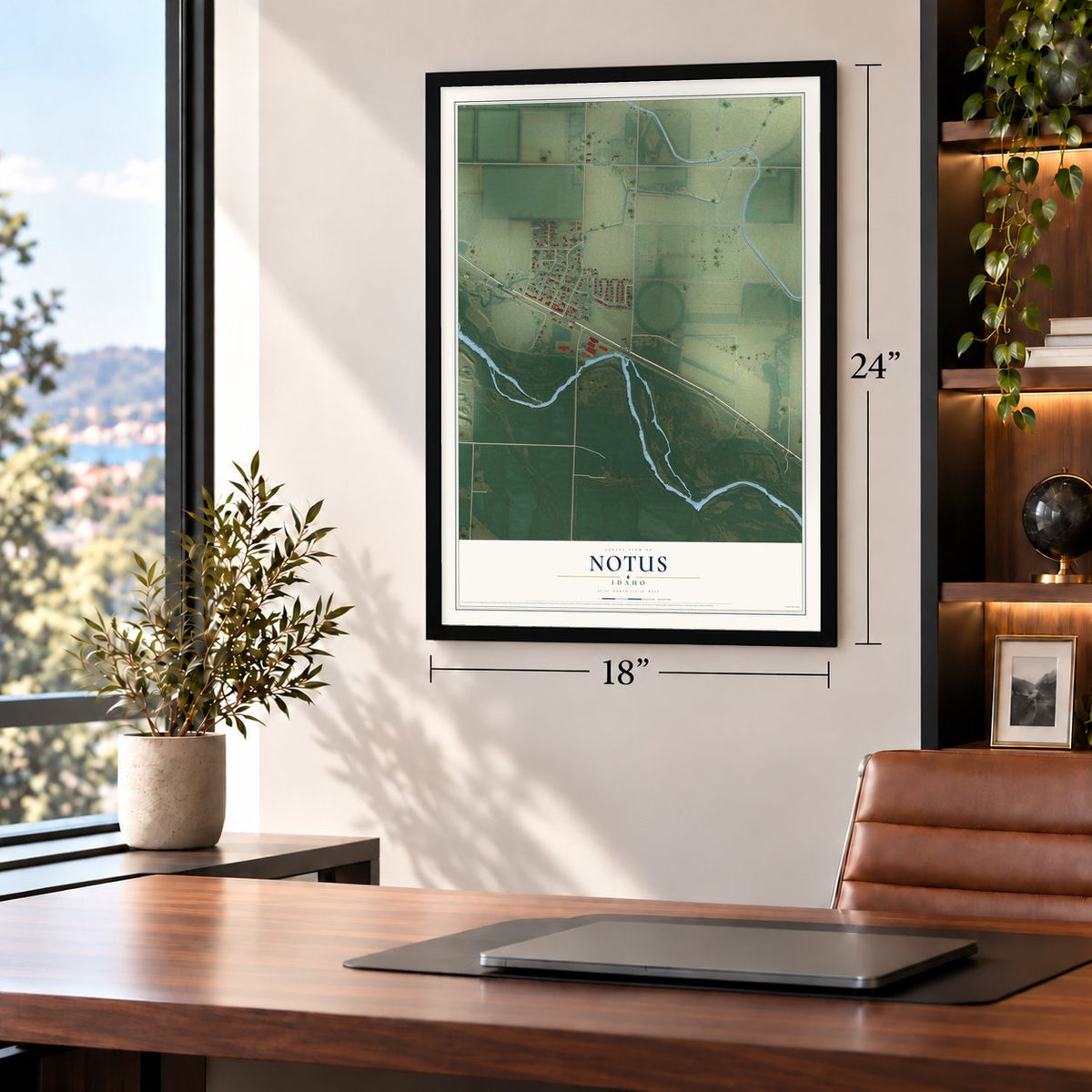 Notus, Idaho map, 18 x 24 inch print in a black frame in a home office