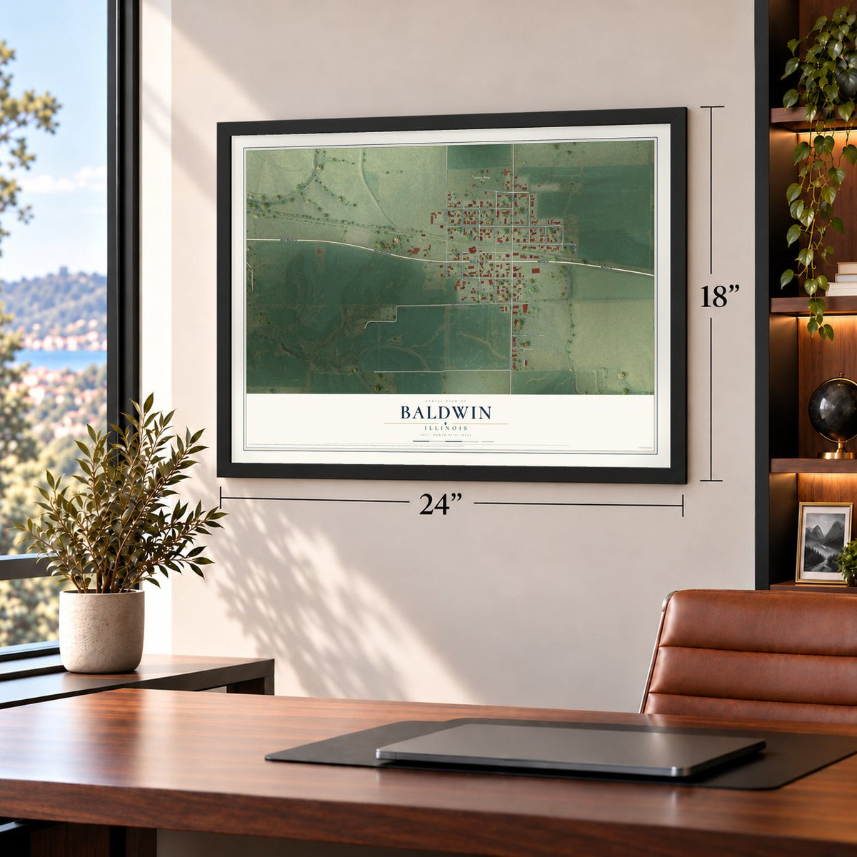 Baldwin, Illinois map, 18 x 24 inch print in a black frame in a home office