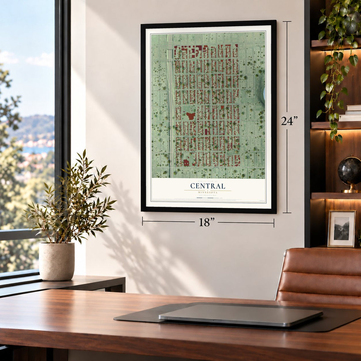 Central, Minnesota map, 18 x 24 inch print in a black frame in a home office
