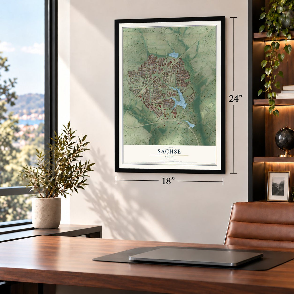 Sachse, Texas map, 18 x 24 inch print in a black frame in a home office
