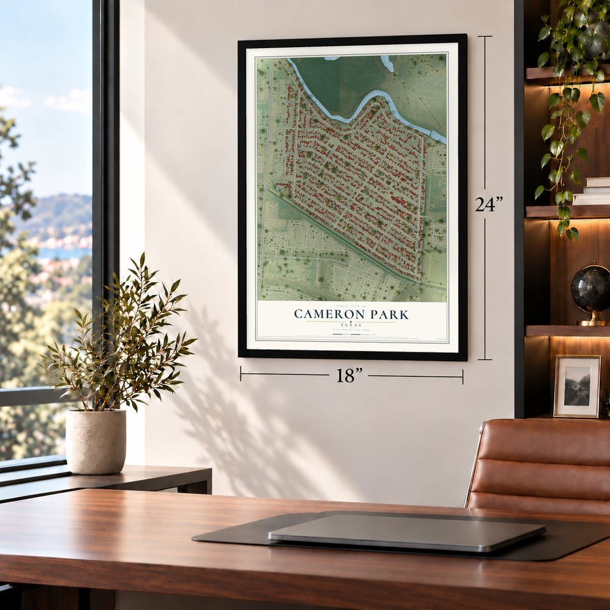 Cameron Park, Texas map, 18 x 24 inch print in a black frame in a home office