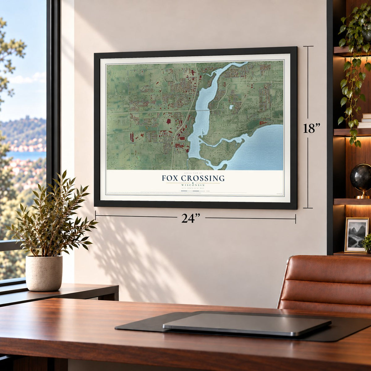 Fox Crossing, Wisconsin map, 18 x 24 inch print in a black frame in a home office