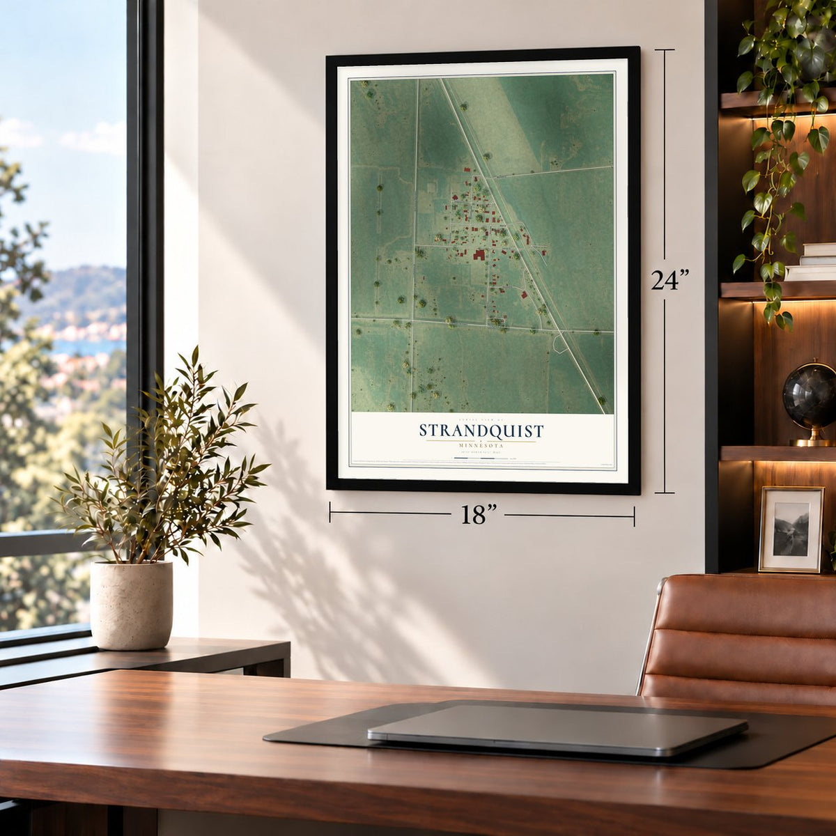Strandquist, Minnesota map, 18 x 24 inch print in a black frame in a home office