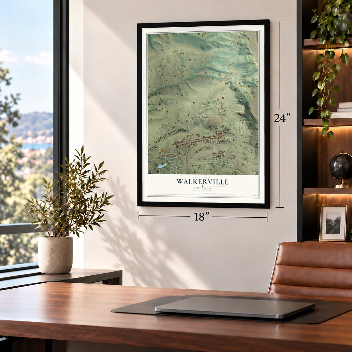 Walkerville, Montana map, 18 x 24 inch print in a black frame in a home office