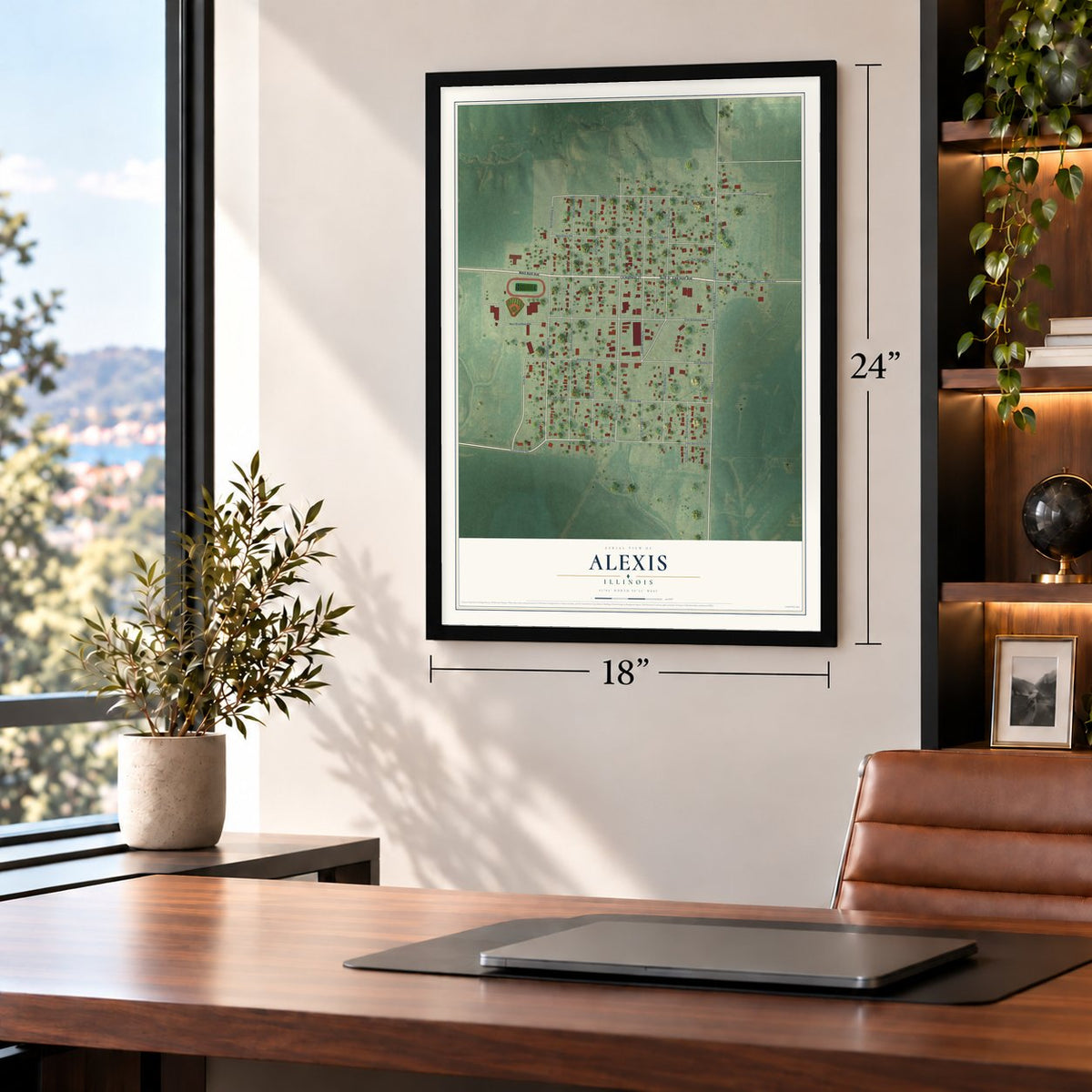 Alexis, Illinois map, 18 x 24 inch print in a black frame in a home office