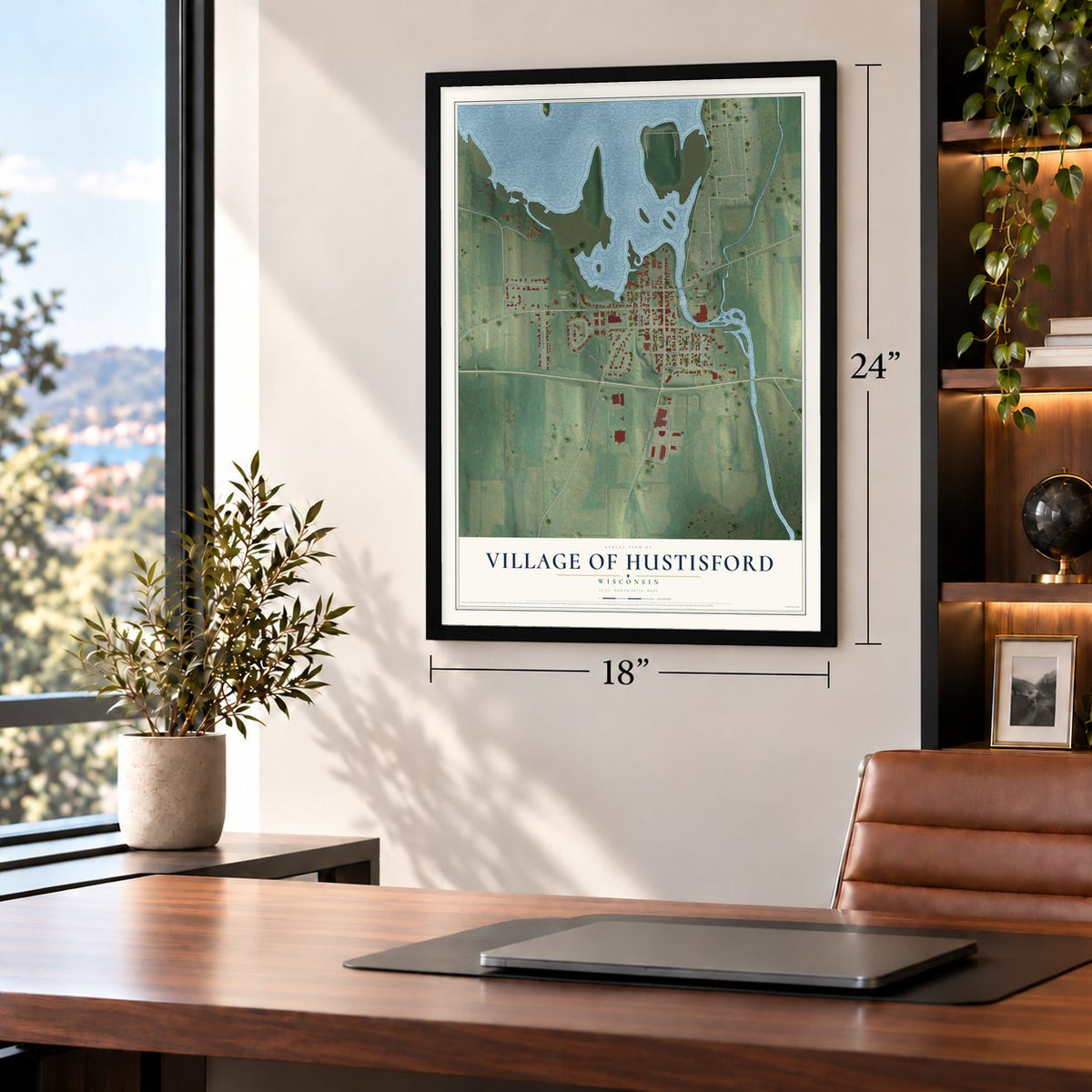 Hustisford, Wisconsin map, 18 x 24 inch print in a black frame in a home office