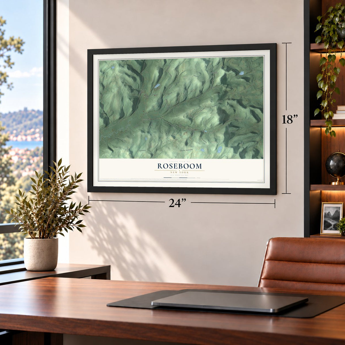 Roseboom, New York map, 18 x 24 inch print in a black frame in a home office