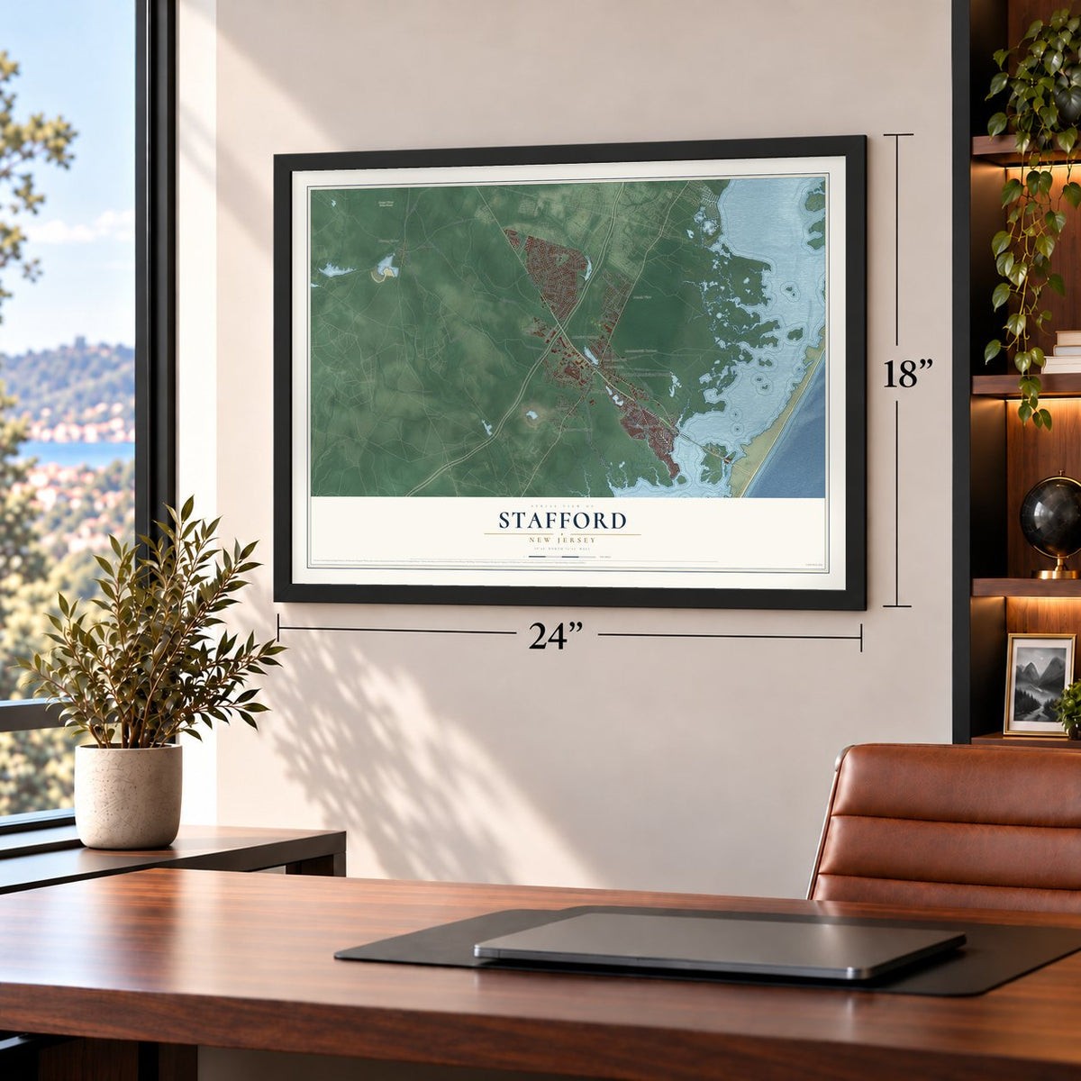 Stafford, New Jersey map, 18 x 24 inch print in a black frame in a home office