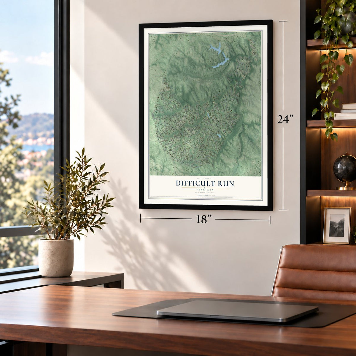 Difficult Run, Virginia map, 18 x 24 inch print in a black frame in a home office