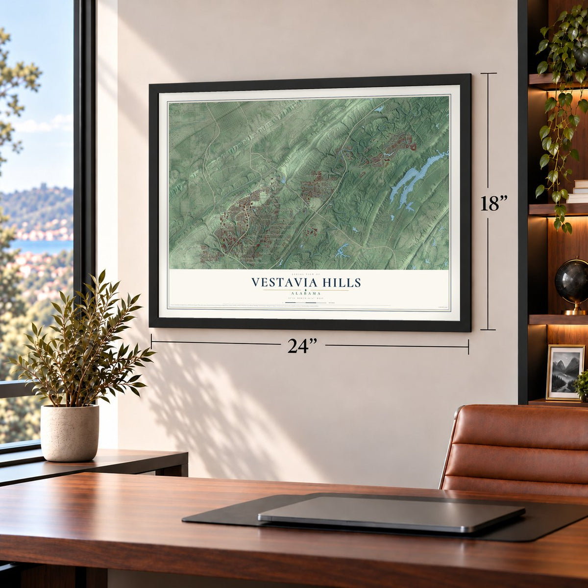 Vestavia Hills, Alabama map, 18 x 24 inch print in a black frame in a home office