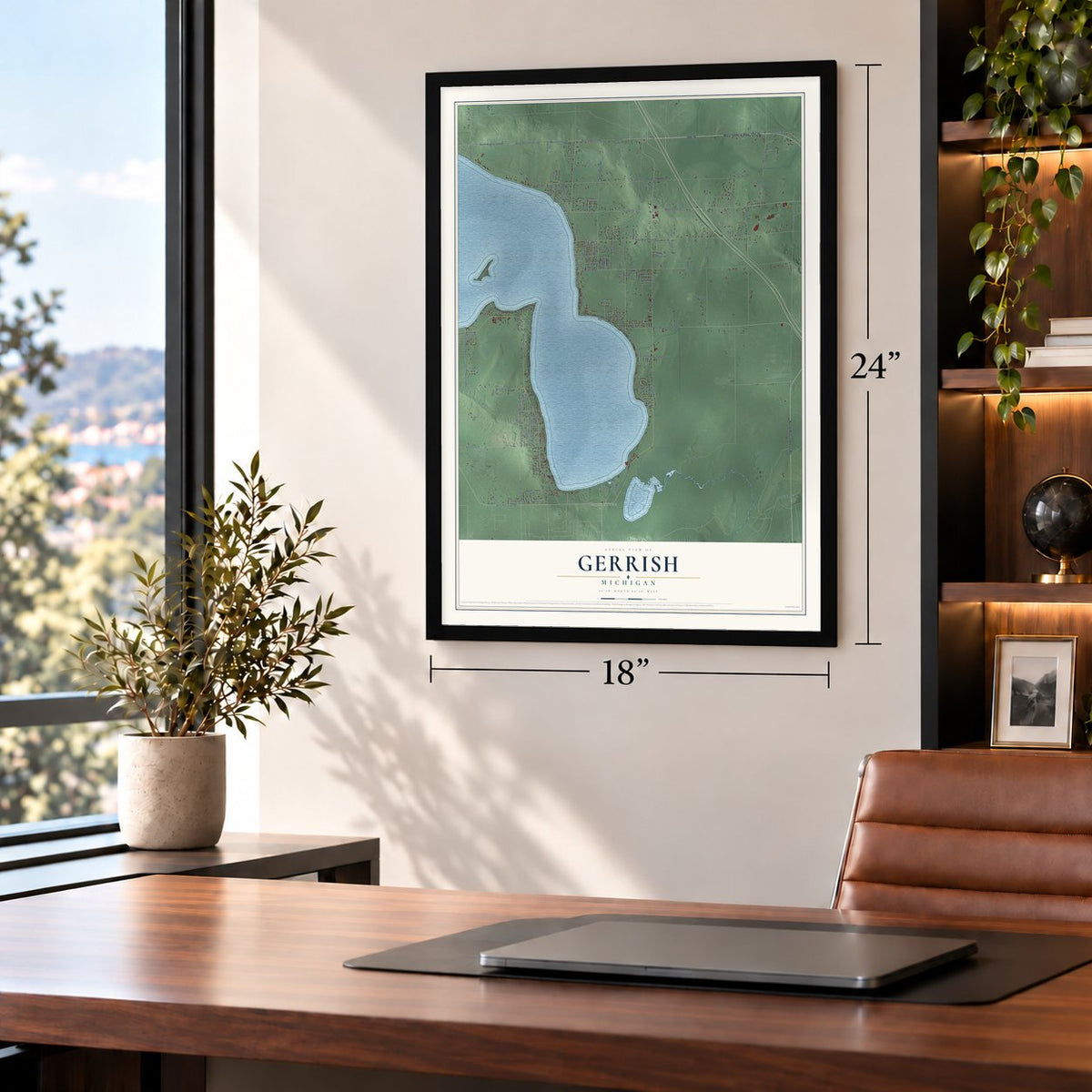 Gerrish, Michigan map, 18 x 24 inch print in a black frame in a home office