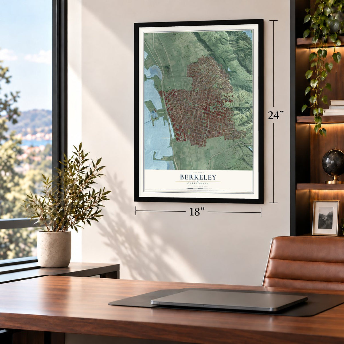Berkeley, California map, 18 x 24 inch print in a black frame in a home office