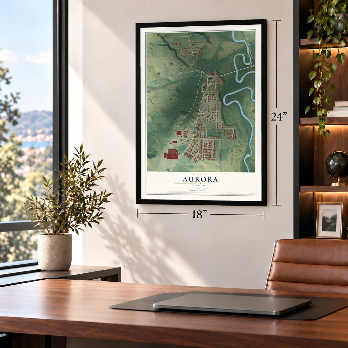Aurora, Oregon map, 18 x 24 inch print in a black frame in a home office