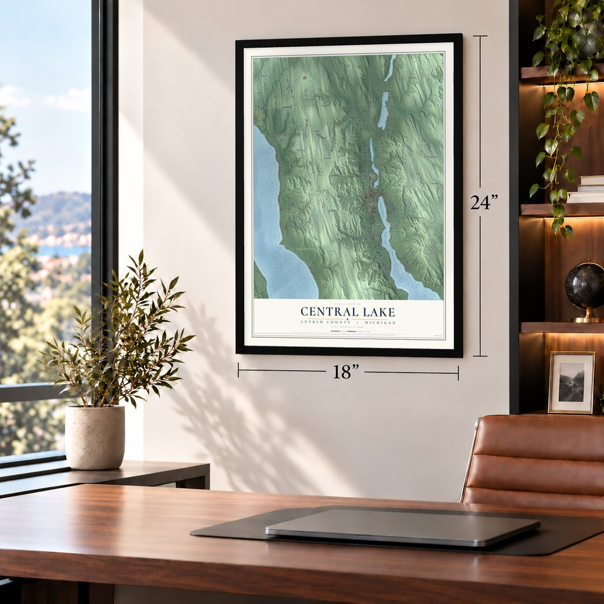Central Lake, Antrim County, Michigan map, 18 x 24 inch print in a black frame in a home office