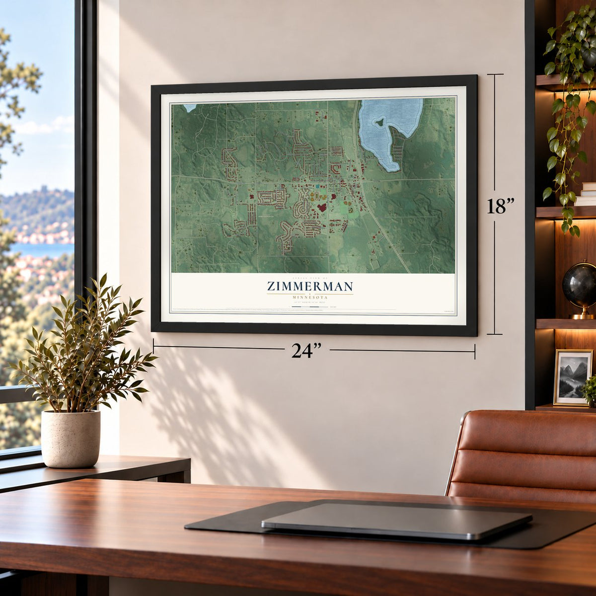 Zimmerman, Minnesota map, 18 x 24 inch print in a black frame in a home office