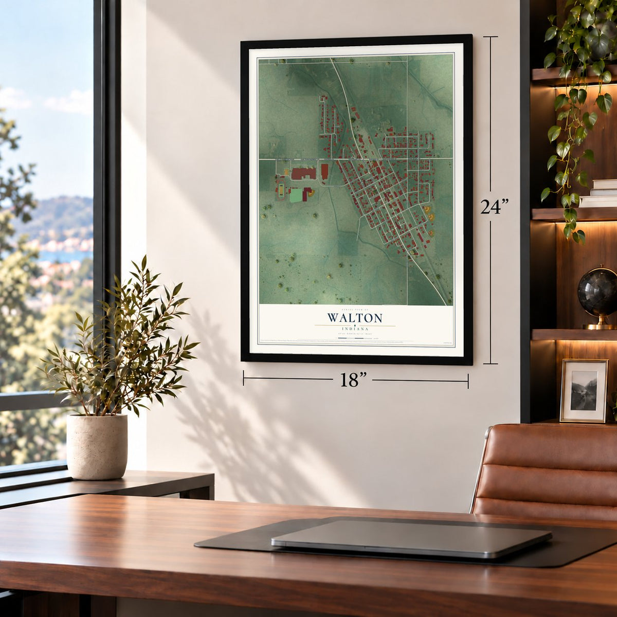 Walton, Indiana map, 18 x 24 inch print in a black frame in a home office