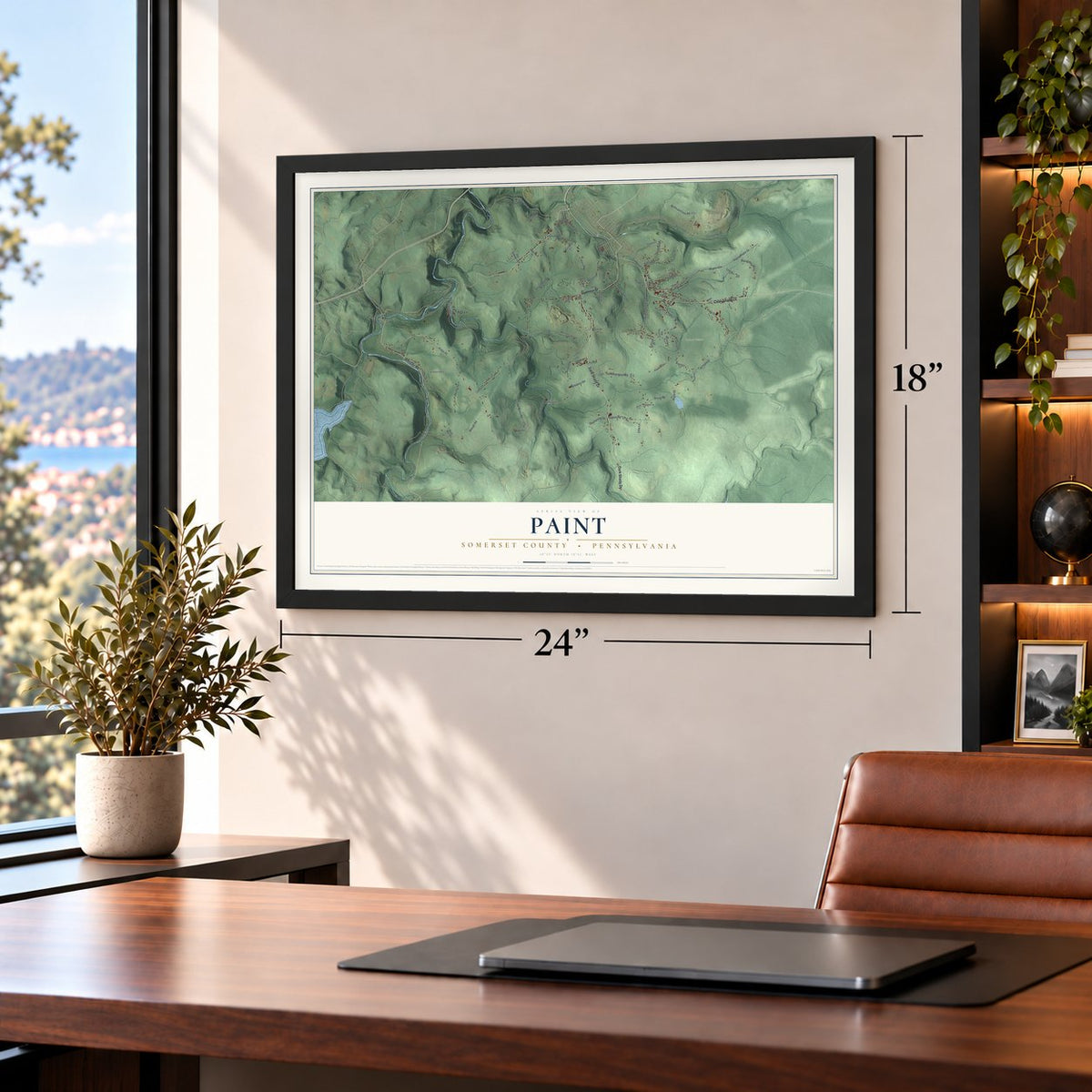 Paint, Somerset County, Pennsylvania map, 18 x 24 inch print in a black frame in a home office