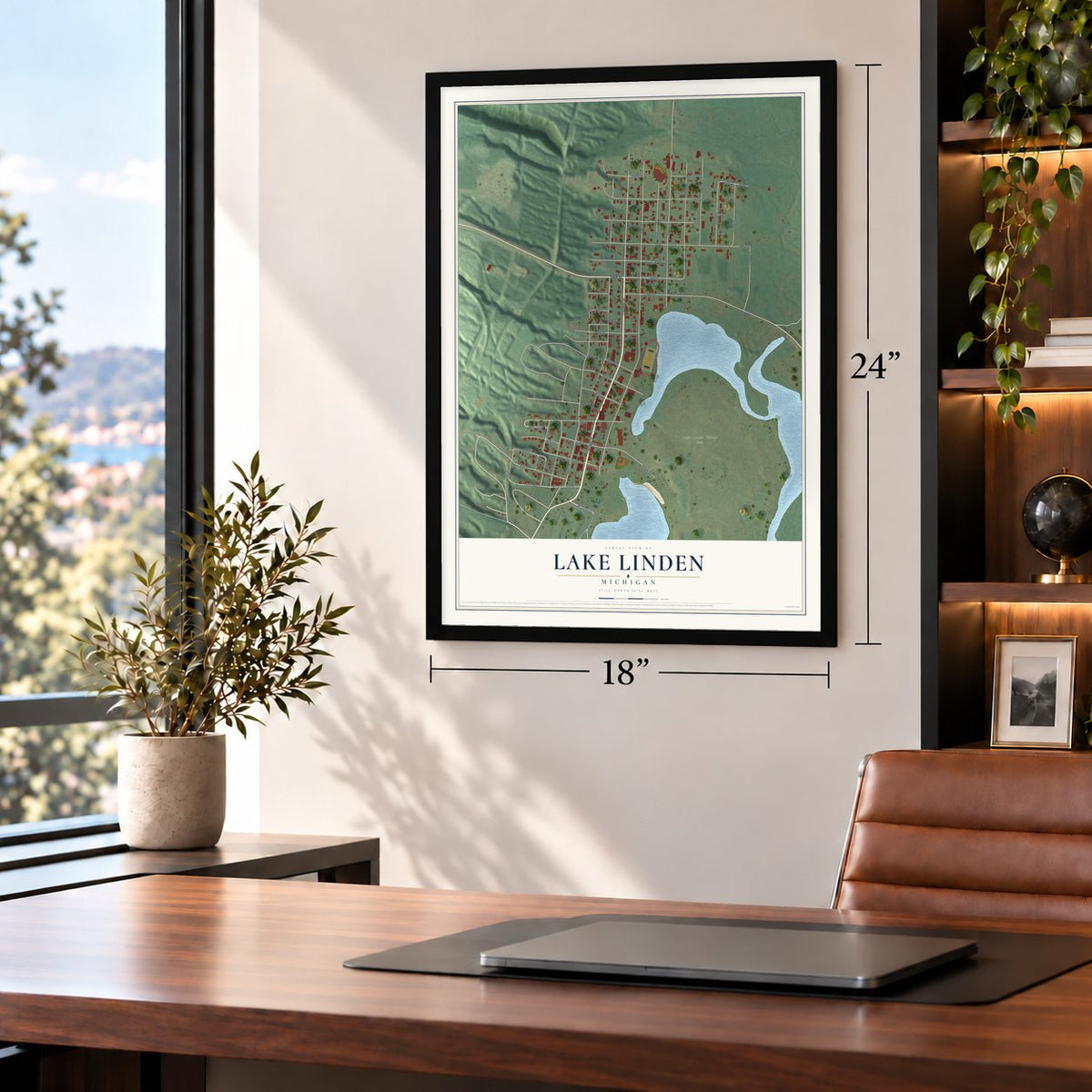 Lake Linden, Michigan map, 18 x 24 inch print in a black frame in a home office