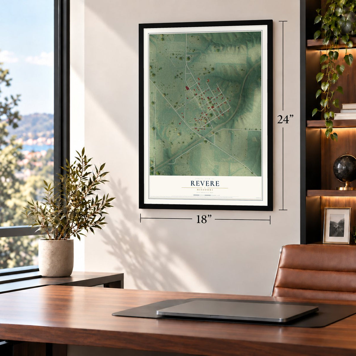 Revere, Missouri map, 18 x 24 inch print in a black frame in a home office