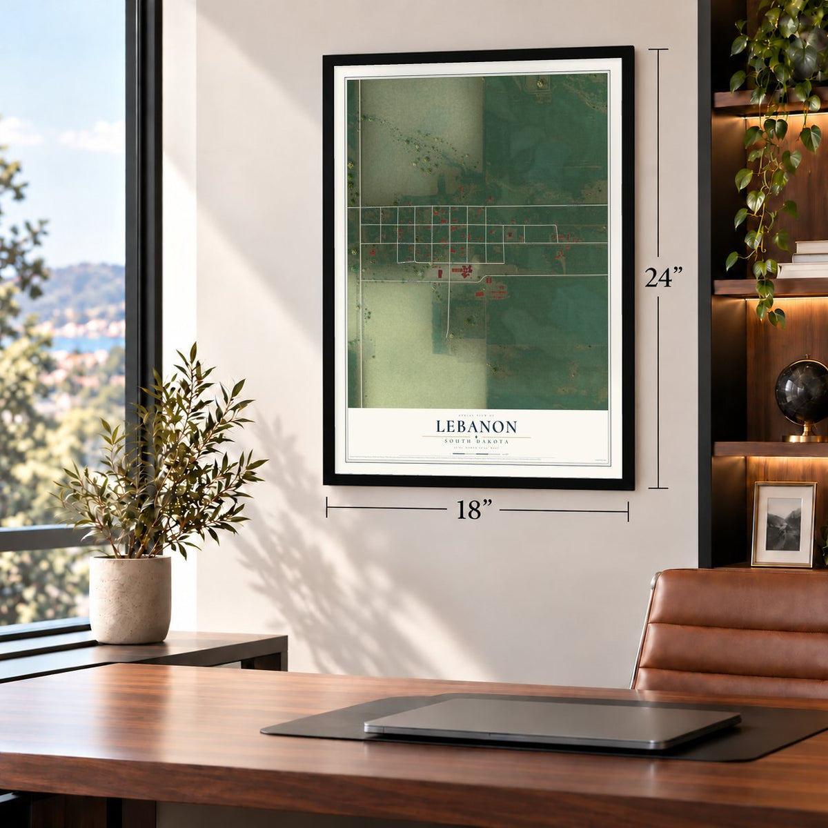 Lebanon, South Dakota map, 18 x 24 inch print in a black frame in a home office