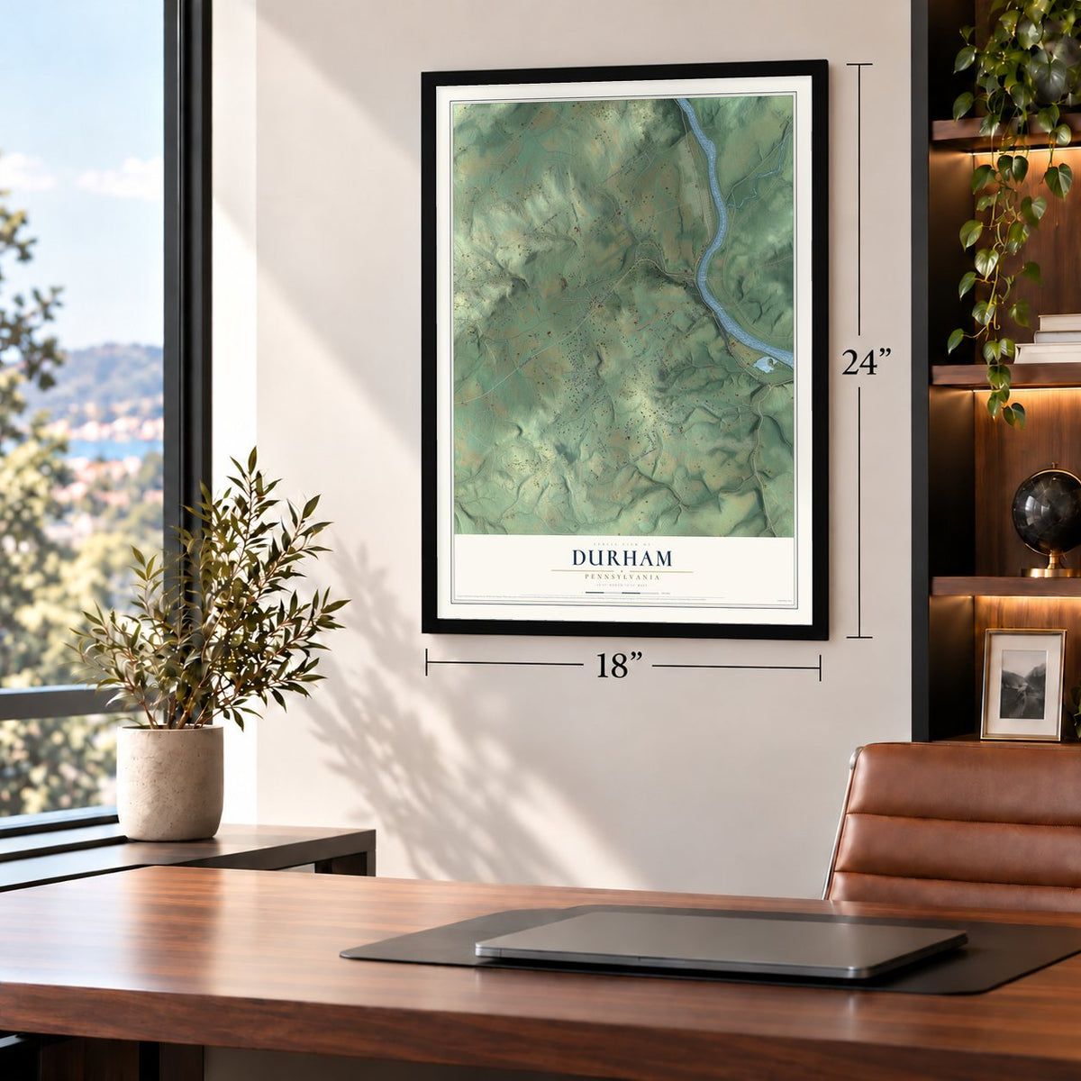 Durham, Pennsylvania map, 18 x 24 inch print in a black frame in a home office