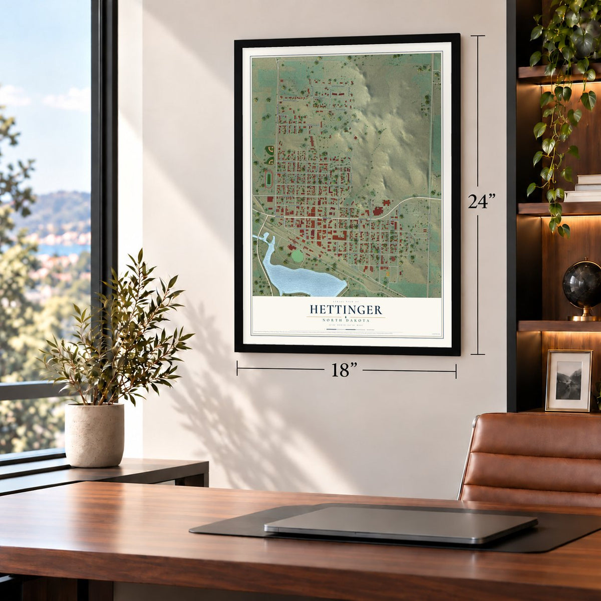 Hettinger, North Dakota map, 18 x 24 inch print in a black frame in a home office